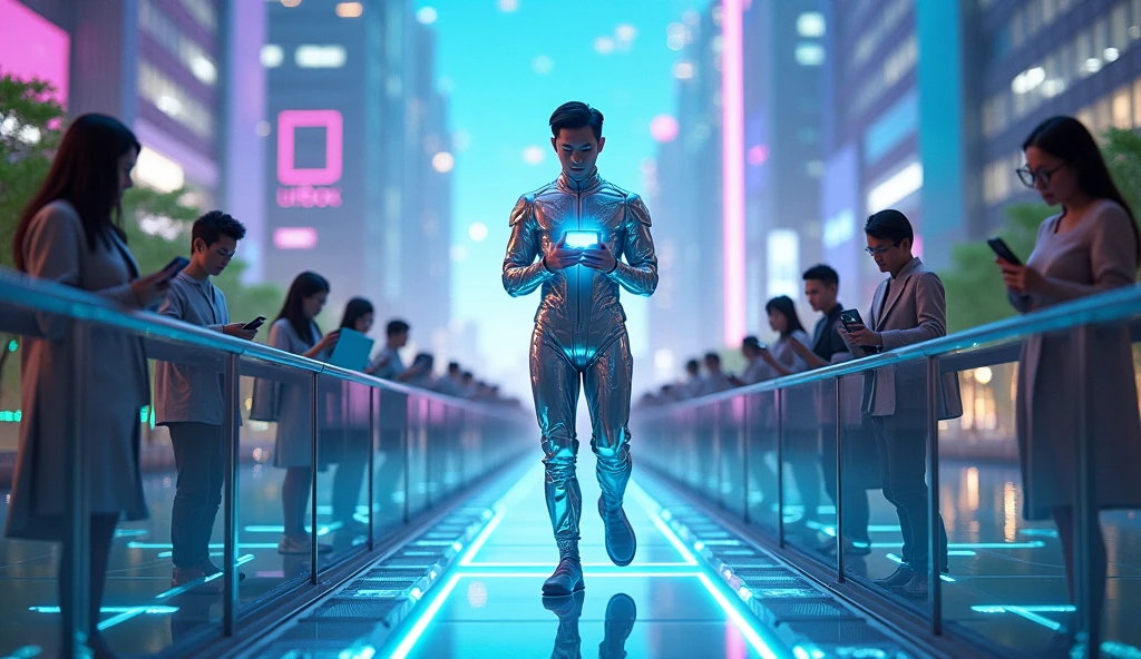 Panoramic ultra-wide angle camera of The main character is an Asian male, wearing a shiny silver tech suit with light-emitting details. He stands firmly on a transparent glass bridge, his back turned, leading the way, holding a modern technological device in his hand, his eyes confidently looking forward. The blue light from the technological device connects to the entire city. Behind the character, the team of employees in agreement with him, holding phones or laptops, connecting with each other and becoming connected to the city with a digital light. The scene is a sci-fi futuristic city with modern architecture, green trees stretching out, blue and purple LED lights covering the buildings. In the sky, the UrBox logo with the slogan "The Power of We" shines brightly, symbolizing connection, unity and collective strength.  full of power in the middle of the scene, with silver, bright purple and green tones, emphasizing the connection of technology and people.