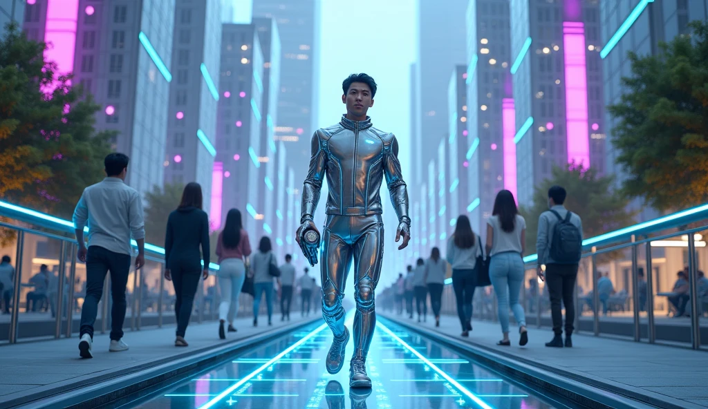 Panoramic ultra-wide angle camera of The main character is an Asian male, wearing a shiny silver tech suit with light-emitting details. He stands firmly on a transparent glass bridge, his back turned, leading the way, holding a modern technological device in his hand, his eyes confidently looking forward. The blue light from the technological device connects to the entire city. Behind the character, the team of employees in agreement with him, holding phones or laptops, connecting with each other and becoming connected to the city with a digital light. The scene is a sci-fi futuristic city with modern architecture, green trees stretching out, blue and purple LED lights covering the buildings. In the sky, the UrBox logo with the slogan "The Power of We" shines brightly, symbolizing connection, unity and collective strength.  full of power in the middle of the scene, with silver, bright purple and green tones, emphasizing the connection of technology and people.