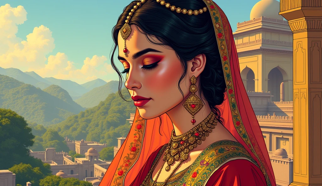 Gandhari's Beauty: A portrait of Gandhari, showcasing her grace and beauty, admired by the people of Gandhara. In a comic style