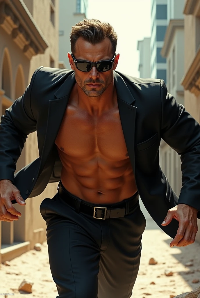Masterpiece、Highest quality、Super fine、Fine、High resolution、Perfect dynamic composition、Detailed muscles、Abdominal muscles、Pectoral muscle、Realistic、Hunter on the run、sunglasses、Naked and in a black suit、Chase scene in "Run for Money"、Backgrounds that could be used in the Escape