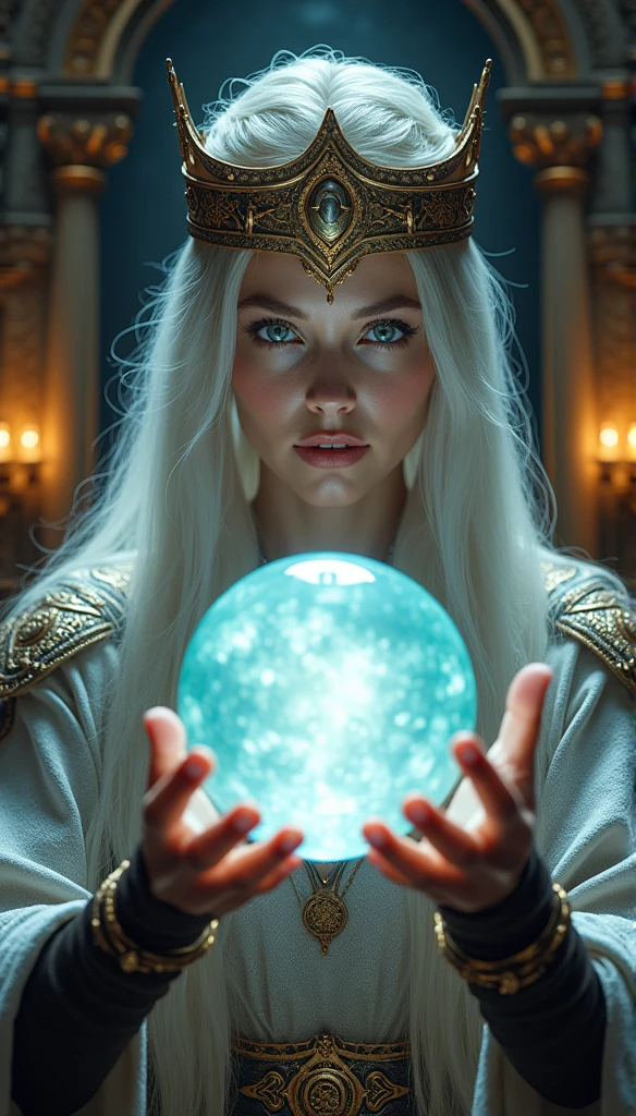 norse goddess,Looking forward close-up wearing a crown, Holding a magic crystal ball, Casting a Spell, best quality, 4K resolution, Flawless face, in a luxurious palace, Superrealisticart)