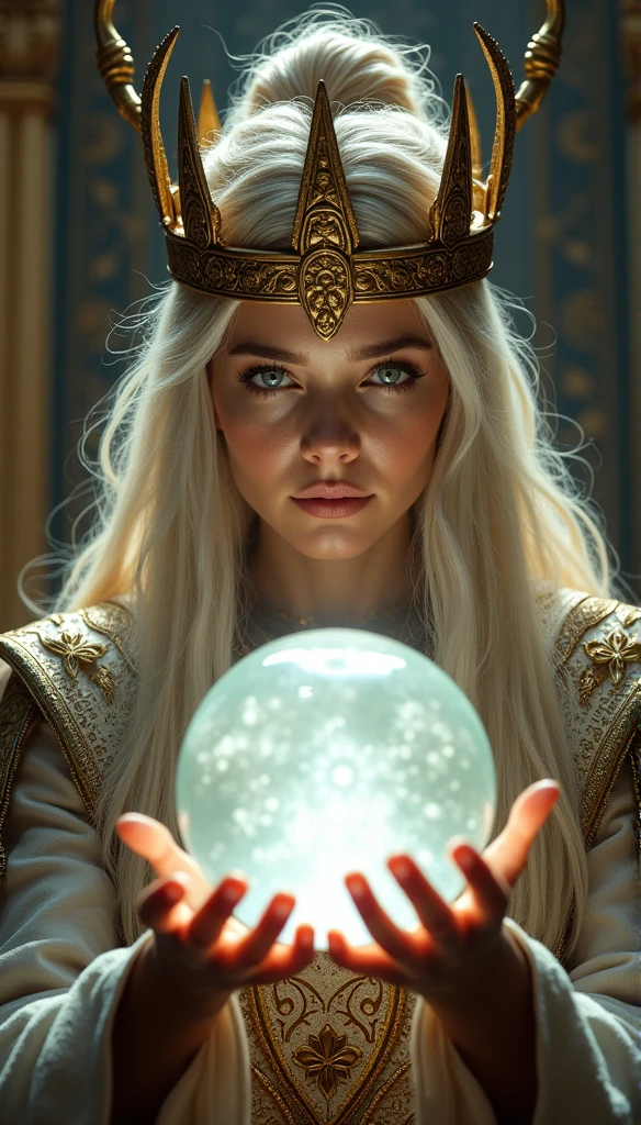 norse goddess,Looking forward close-up wearing a crown, Holding a magic crystal ball, Casting a Spell, best quality, 4K resolution, Flawless face, in a luxurious palace, Superrealisticart)
