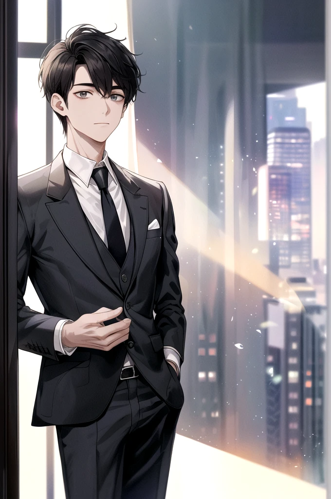 1 boy, Face Focus, aldult,（Holding urine）（Holding urine的），Immediate incontinence，Shameful， Business suit, jacket, White shirt, tie, Pants, best quality, Hiring, Delicate face, office, Buildings seen from the window, Detailed background, Scattered sunlight, Depth of Field, Bokeh