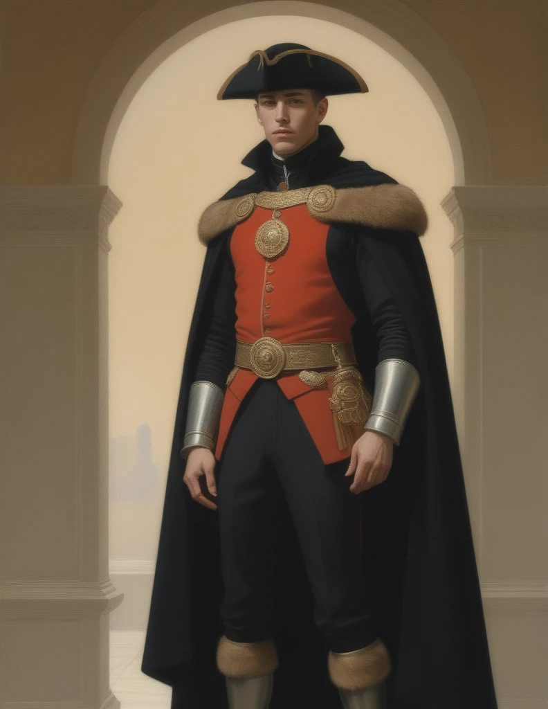 Design me a {{Colossal Masterpiece, high detail}}, a ((((full body portrait, male focus)))), ((by Moebius)), (by J. C. Leyendecker), the composition is: a very young male nobleman, sullen, facing viewer. He is wearing a fur hat. He is wearing a black Praetorian kit with Slavic elements, sashes, medals, red diamond medals.