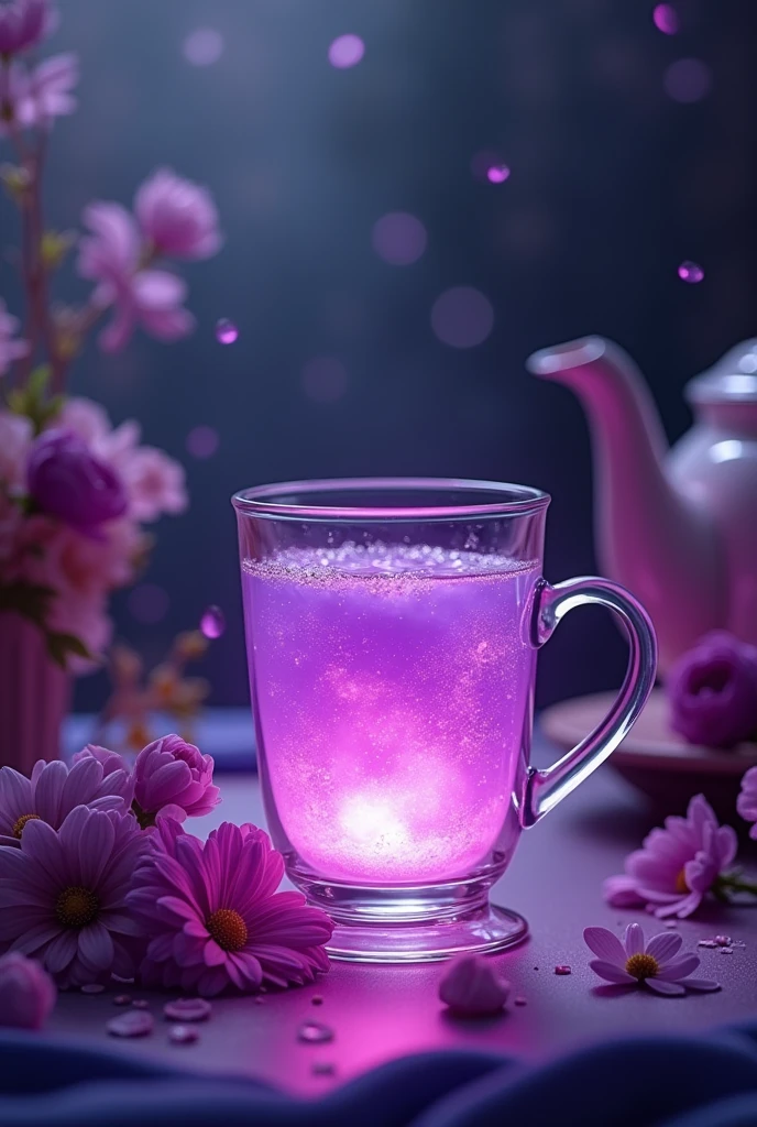 ガラスのカップに入ったpurple色の紅茶、Teapot、Flower Box, Photorealistic paintings inspired by Violet Fuller, tumbler, Romanticism, purple色のテーマ, Violet Theme, purpleの色合い, purple色の審美, purpleの水, purple, purple色の色合い, purpleの魔法, purple色, purple色の液体, purple色のテーマ, purple色の液体 in cup glowing