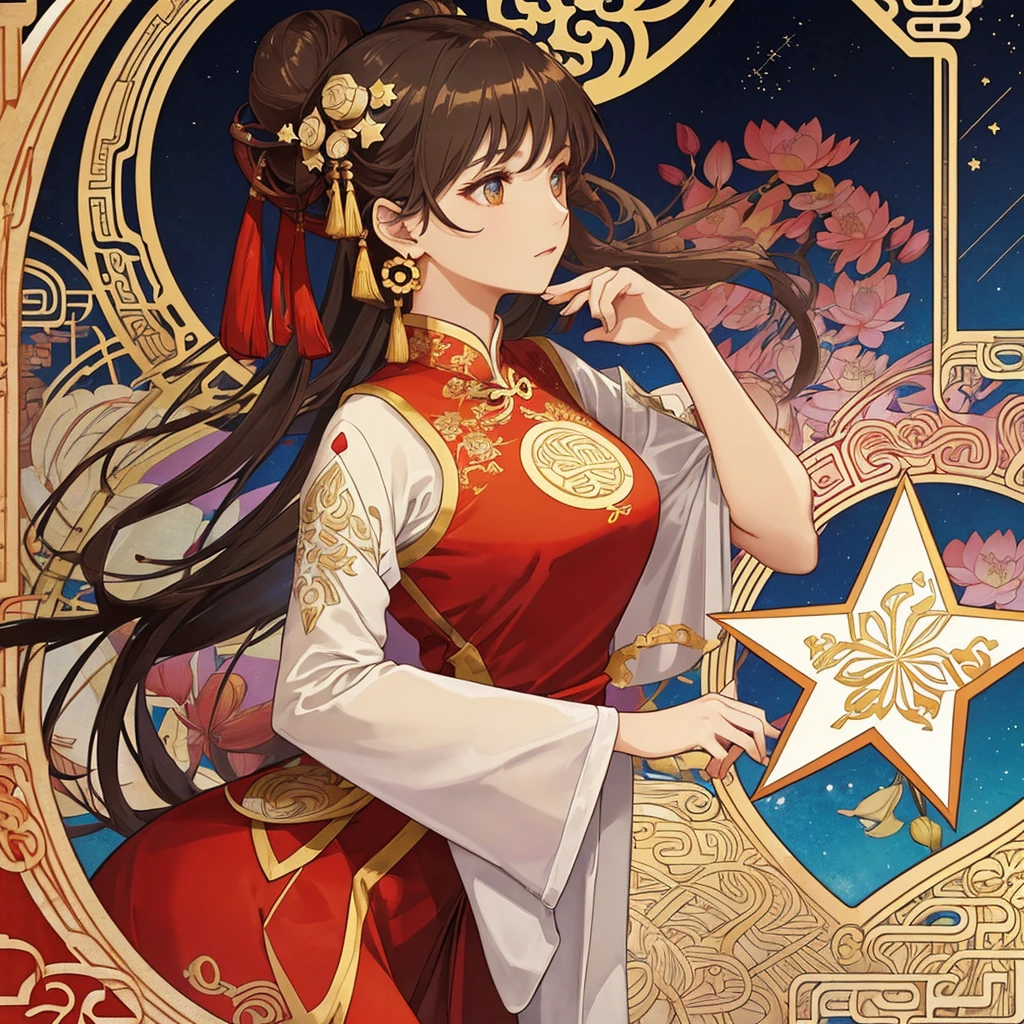 1 girl, (masterpiece, highest quality, highest quality, beautiful and aesthetic: 1.2), (1 girl: 1.3), lots jewelry, square picture frame, ((face)), cool face, color hairstyle, Ultra-detailed, Soft Light, Gentle colors, solo, dynamic, (((geometric star patterns in the background))), profile,低めのポニーテール, bun hair, Alphonse Mucha's ,Traditional chinese red dress, delicate chinese style clothing, upper body, lotus
