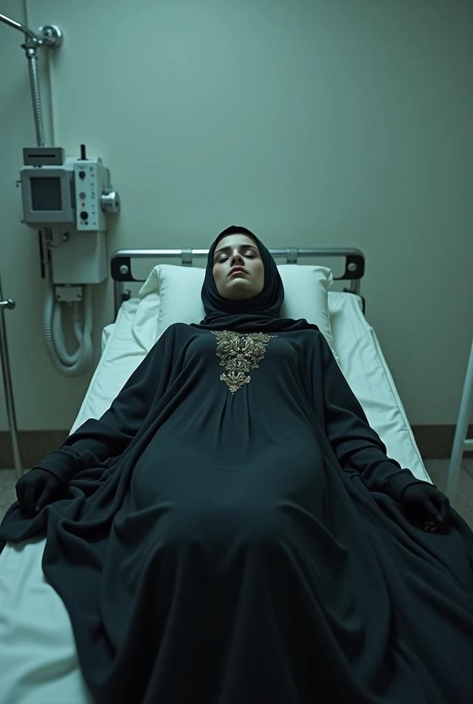 A beautiful girl in chador dead body laying down in a morgue bed 4k realistic full body displayed 