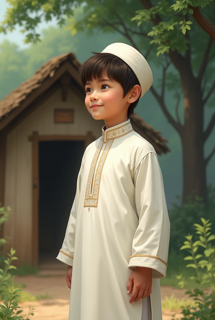 A - boearing white colored prayer Punjabi pajama and cap, standing with his head down, and smiling, a hut with trees behind.