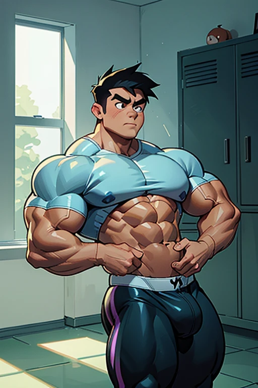 Danny Phantom from Danny Phantom animated tv series as a big dumb muscular bodybuilder jock in a locker room flexing and staring blankly as his eyes glow green under hypnosis as he repeats, "Bigger... Dumber.... Must obey.... More like a jock bro every day.... Yes, Coach. I obey. Huhuhuhuh...." in a deep mindless monotone with his fellow hypnotized jocks to forget about ghost hunting and class only to focus instead on training his own body and obeying his coach. Mouth dropped open. Hyper swollen bulging crotch. Hyper muscles. Toned muscles. 5% body fat. Big biceps. Big triceps. Broad shoulders. Big traps. Big lats. Big meaty pecs. Massive deltoids. Six-pack abs. Spherical glutes. Brainwashing. Hypnosis. Hypnotized. Bro. IQ drain. Dumber and dumber. Meathead. Musclehead. Mindless. Hypno. Mind control. Brain drain. Entranced.