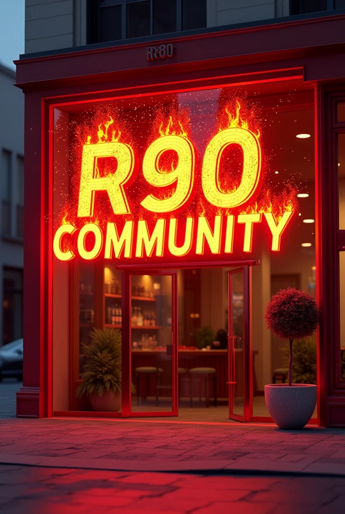 I want an image for a Store called In which it says "R90 Comunity" in red with flames, flying particles
