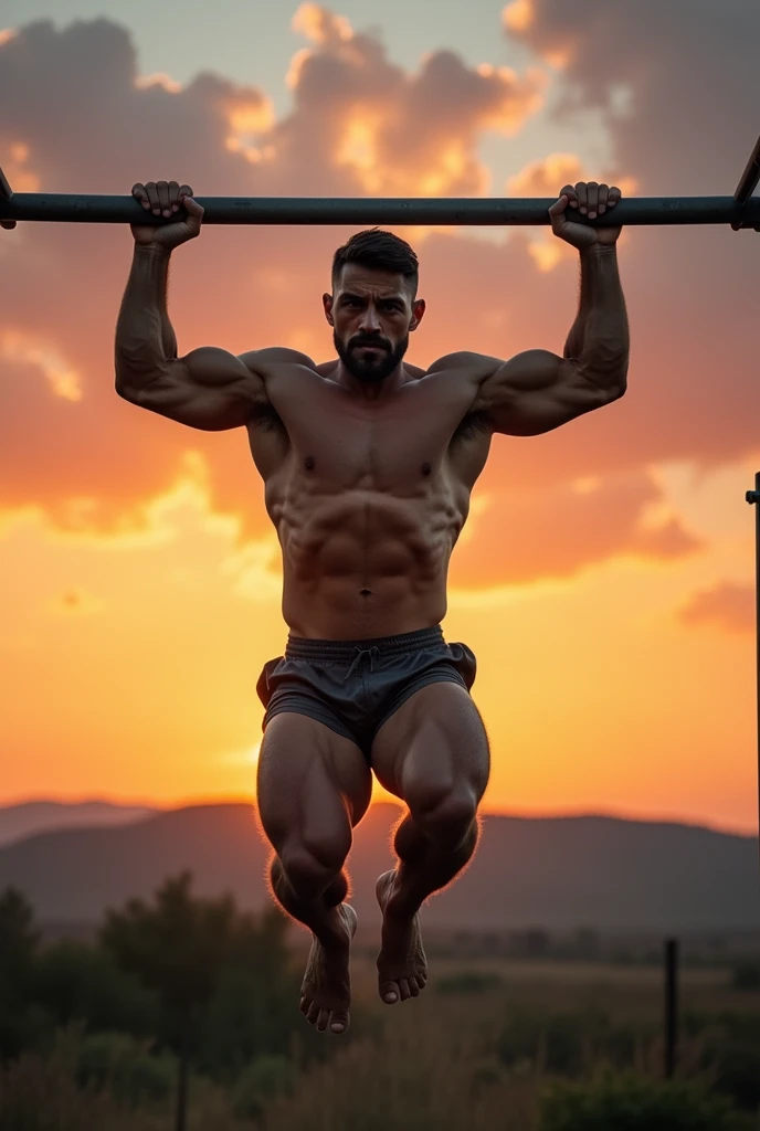 A guy with t-shirt and shorts is hanging to horizontal bar in sundown