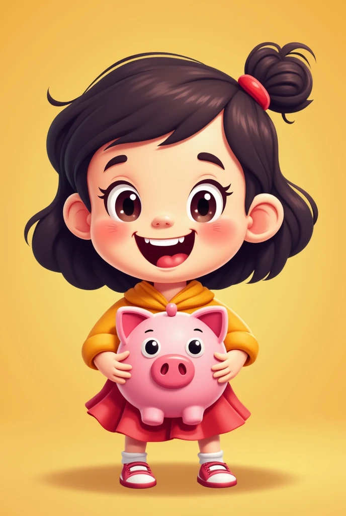 Girl happy holding her coin bank (cartoon)