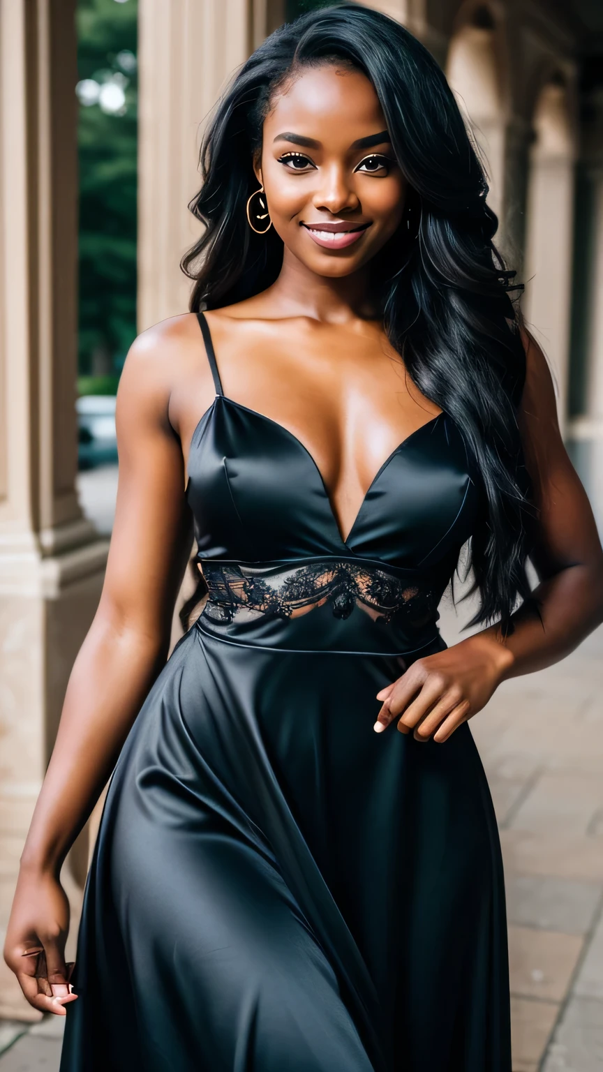 Realistic full body photo of a smiling black woman with long hair, black skin, who dances in front of the camera and wears a satin dress, park glamour fotoshooting, perfect anatomy, perfect eyes. Perfect hands with 5 fingers on each hand. Matching girl, looking at the camera, strong hip:1.2, wide hips:1.3, 1 woman. (Eye make up:1.1), (highly detailed skin:1.1), SPIRIT, analog style, keen focus, 8K  UHD, dslr, good quality, Fujifilm XT3, Grain, Award-winning, ​masterpiece.