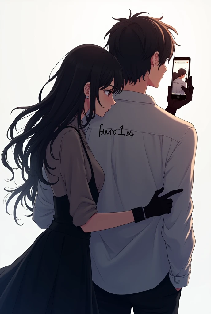 Better quality photography ((masterpiece))
A 19-year-old woman takes a photo with her phone of her 1 boyfriend from behind, On the boy&#39;s back is the name Fany and the number 2, the boy has black gloves, the background is white with black, On the phone screen you can clearly see the photo that the man is taking. Anime drawings 