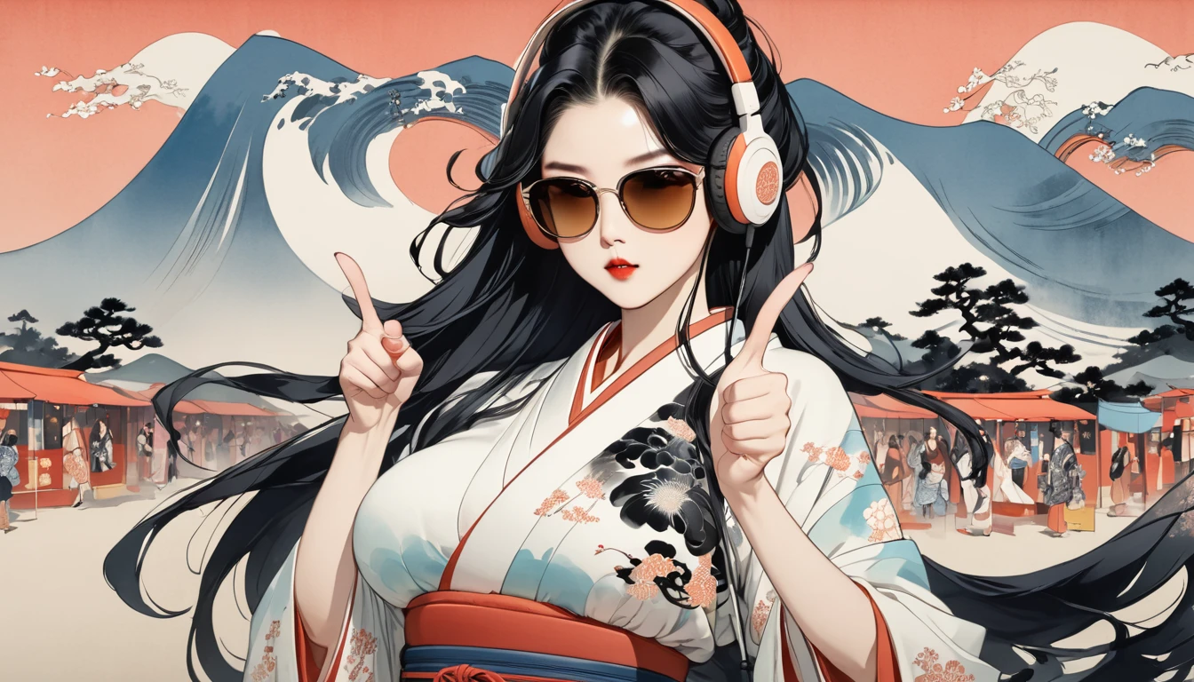Ink Painting, (((1 girl))), (((music festival))), sunglasses, Japanese style headphones, Japanese beauty, (((Finger guns))),Black Hair, big breast,Delicate and precise, Modern ukiyo-e style, PASTEL BACKGROUND