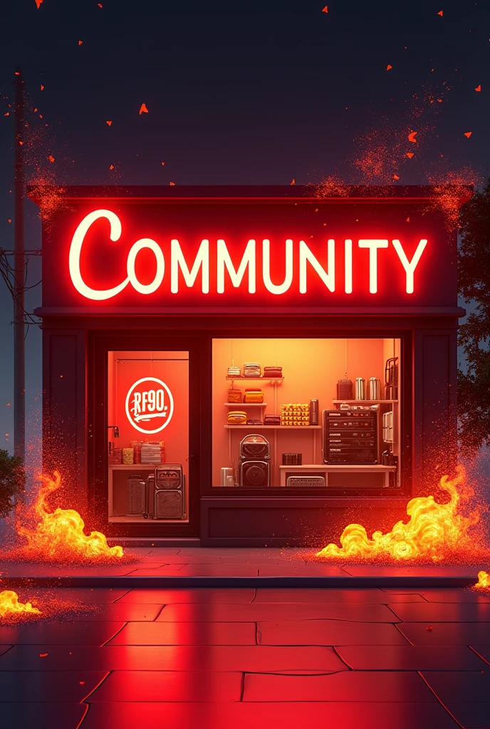I want an image for a Store In which it says "R90 Comunity" in red with flames, flying particles