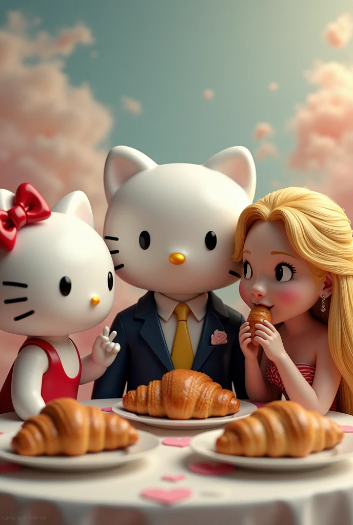 hello kitty, rapunzel e michael corleone comendo croissant 

