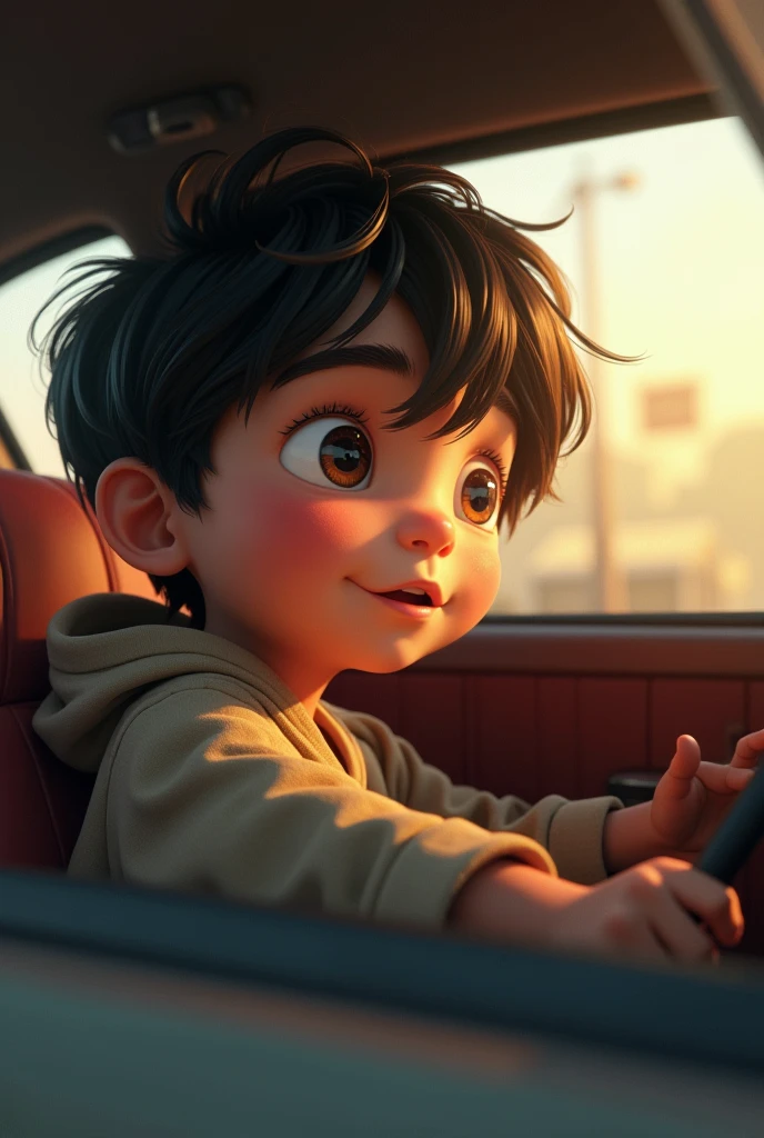 A boy in car