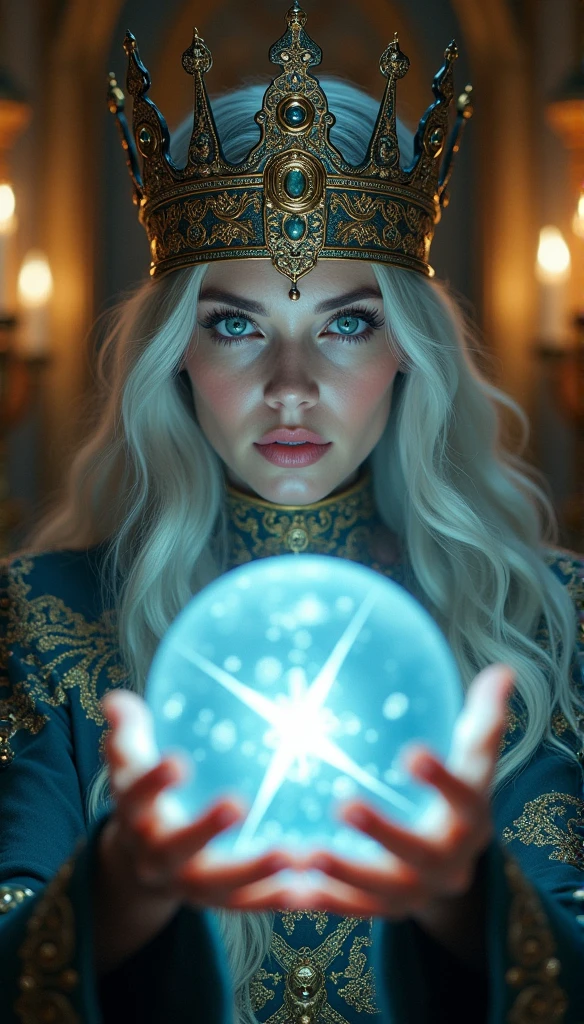 norse goddess,Looking forward close-up wearing a crown, Holding a magic crystal ball, Casting a Spell, best quality, 4K resolution, Flawless face, in a luxurious palace, Superrealisticart)