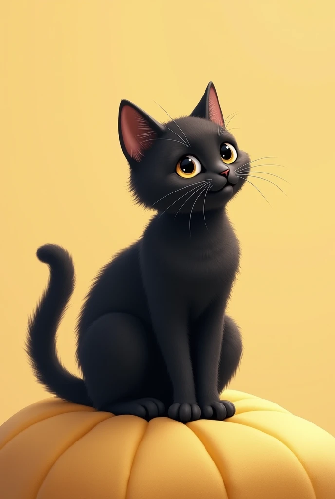 A black cat with tabby stripes.Sitting on the light yellow cushion in a very relaxed but still curious posture.His tail naturally curls forward.eyes fixed on somewhere.