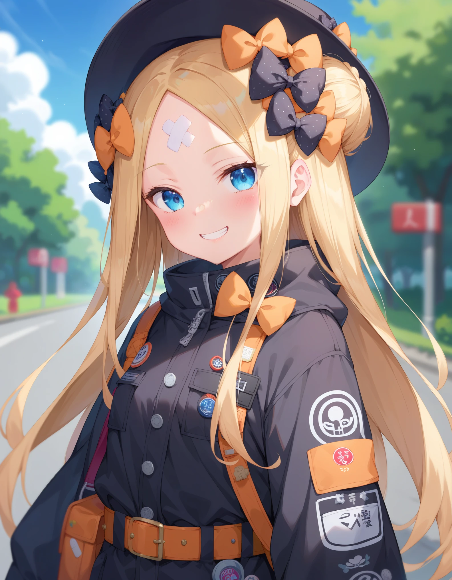 zPDXL2, score_9, score_8_up, score_7_up, source_anime, 1girl, abigail williams \(fate\), bandaid, bandaid on forehead, bangs, belt, black bow, black headwear, black jacket, blonde hair, blue eyes, blurry, blurry background, blurry foreground, blush, bow, breasts, depth of field, forehead, grin, hair bow, hair bun, hat, heroic spirit traveling outfit, jacket, long hair, long sleeves, looking at viewer, multiple bows, multiple hair bows, orange bow, parted bangs, polka dot, polka dot bow, small breasts, smile, outdoors, 