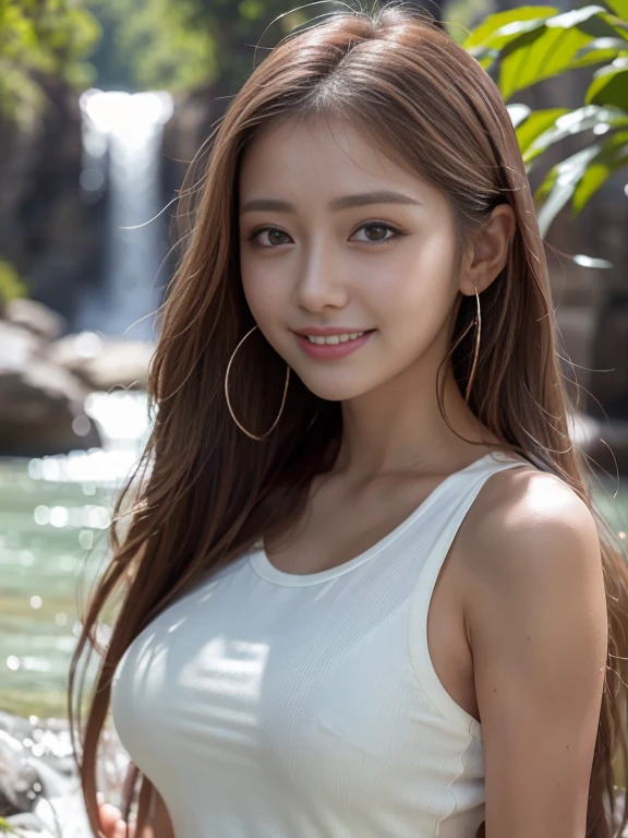 (8k, Highest quality, masterpiece:1.2), (Realistic, Realistic:1.37), Super detailed, 1 person, Korean, cute,alone,Beautiful and detailed sky,date,(blush),(smile:1.15),(Mouth closed)、Large Breasts、Beautiful and beautiful eyes,(Long Hair: 1.2),Floating Hair NovaFrogStyle, Upper Body, Tank top、Waterfall valley background、