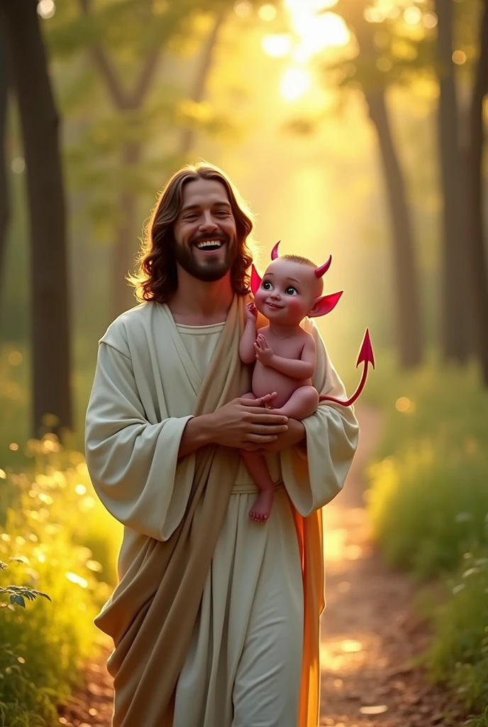 In a sunlit forest path, Jesus is walking while holding a small, cute devil in his arms. Jesus has a loving smile on his face, with love and compassion reflecting in his eyes. The devil is small and adorable, with a mix of innocence and mischief in its eyes. Its tiny horns and pink ears make it even cuter. Jesus' white robe and peaceful expression create a unique harmony in the scene. In the background, the golden sunlight filtering through the green grass and tree leaves creates a tranquil atmosphere. This scene is depicted in hyper-realistic, ultra HD quality, with warm and soothing colors."