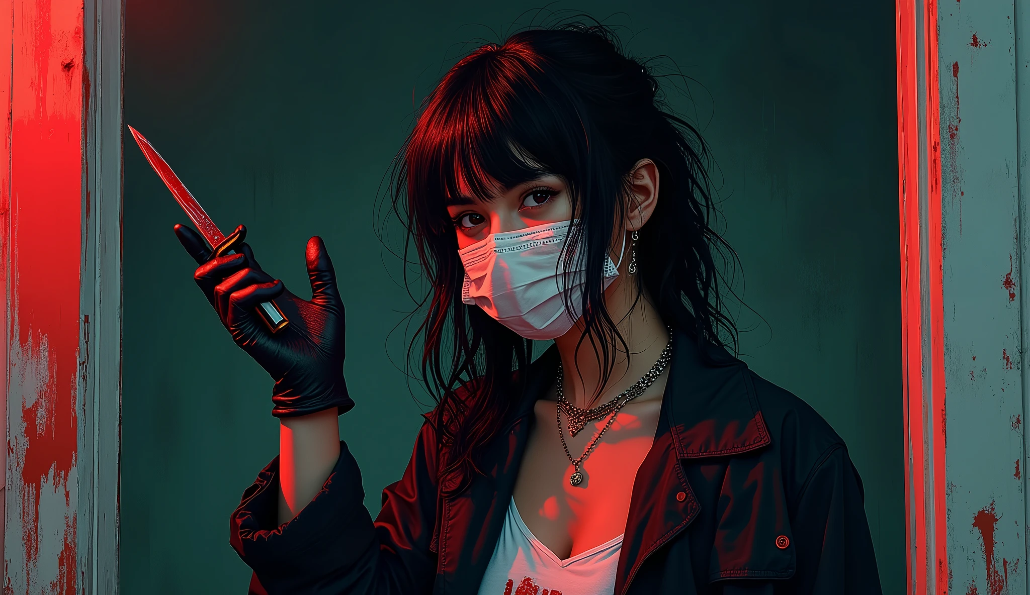 masterpiece, best quality, ultra detailed, disheveled hair, illustration, high saturation, colorful splashes, Italian girl, black gloves, surgical mask, holding knife, stabbing, blood, dark room , black raincoat, holding knife, behind , blood splatter, victim in bondage, long bangs, bed room, black wet suit, night, serial murderer, killer, dark atmosphere, Giallo film, Dario Argento, David Lynch, cinematic lighting, atmospheric realistic, Fumetti book aesthetic, 70's Euro-horror comic book vibe, lurid vivd colors, HD, 8x