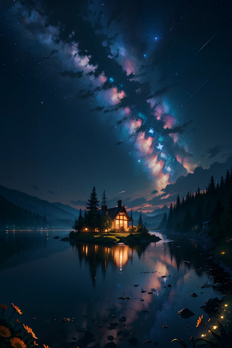 Master Parts, nice, landscape, (((no_Humanos))), night, flower, garden, Starry Sky, constellation, amazing, Overlooking, water, warm, comfortable, peaceful, meteor, Cosmic, magic, magic, details, fair, ((fire Fly))