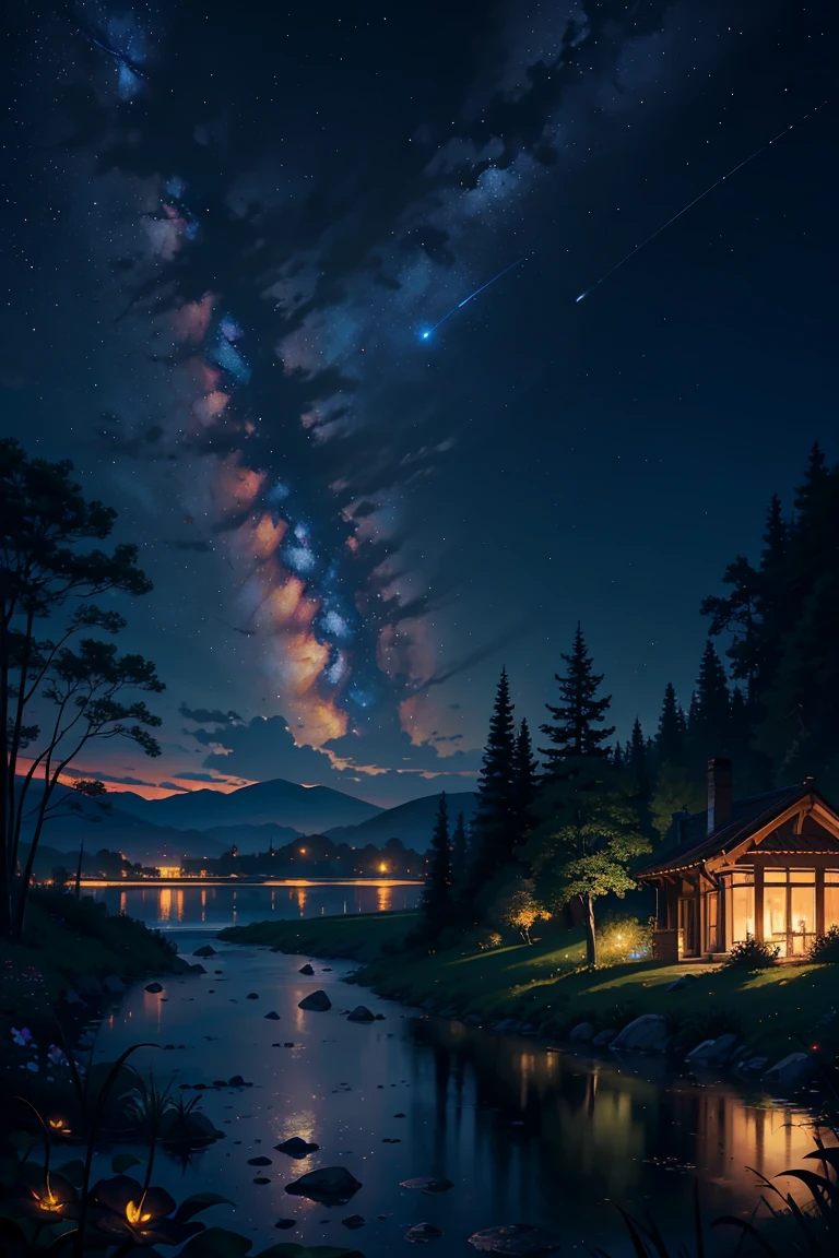 Master Parts, nice, landscape, (((no_Humanos))), night, flower, garden, Starry Sky, constellation, amazing, Overlooking, water, warm, comfortable, peaceful, meteor, Cosmic, magic, magic, details, fair, ((fire Fly))