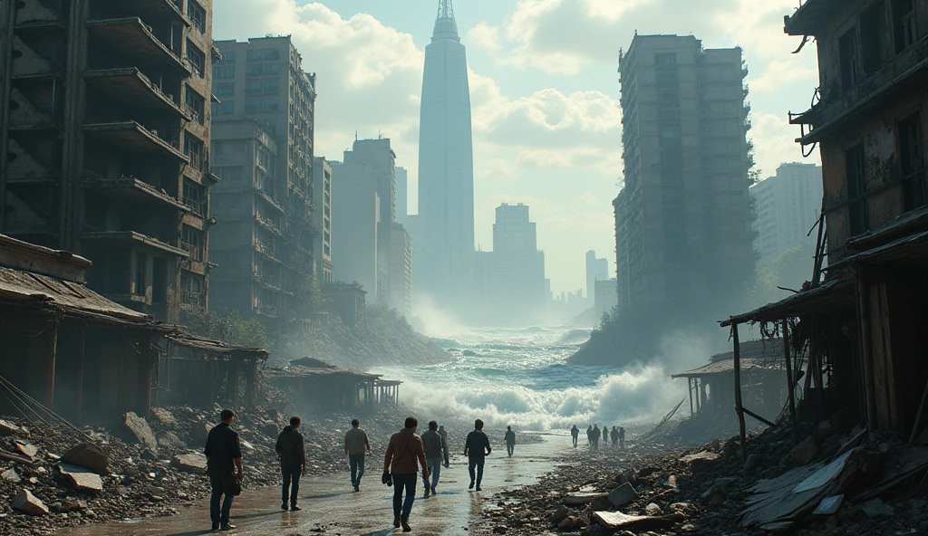 Describe a city where buildings are starting to collapse., add tsunami, and earthquake. Several buildings burned down. Realistic, HD