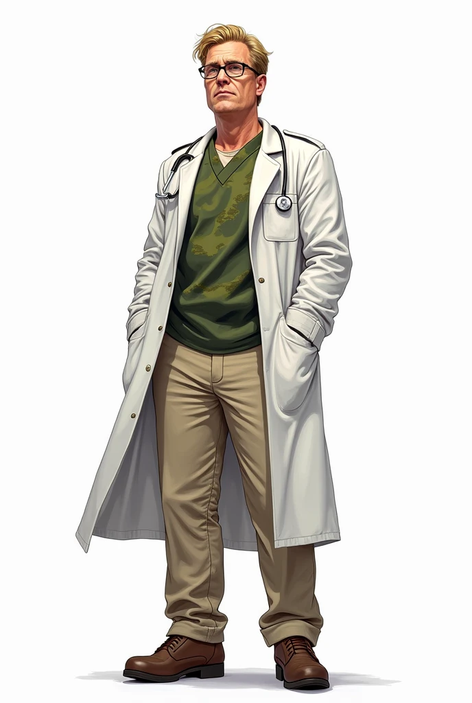 a drawing, bright coloured, A single man, 3, Cao Cao, Seriously, dark blonde american hair, Eyeglasses, army doctor clothes, big white coat, green camouflage shirt, Beige pants, shoes, apocalypse style, white background, fully body