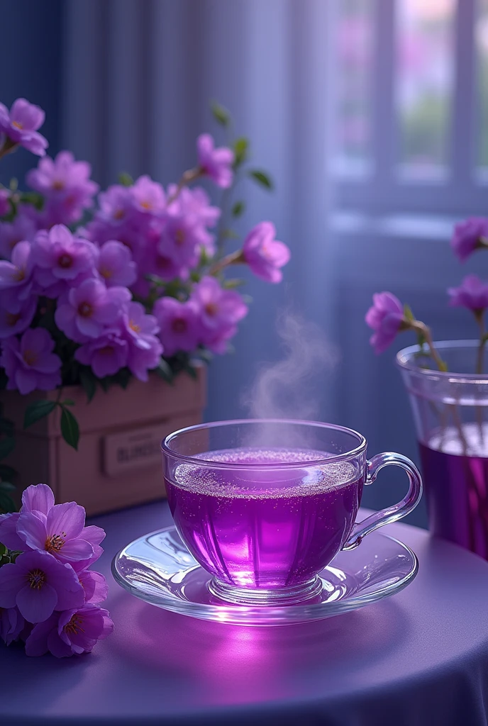 A photorealistic painting inspired by violet flowers featuring a glass cup filled with purple tea, a teapot, a box of flowers, and a tumbler. The composition embodies a romanticism theme with purple hues, violet elements, and an aesthetic of purple colors. The scene includes purple liquid glowing in the cup, evoking a sense of purple magic.
