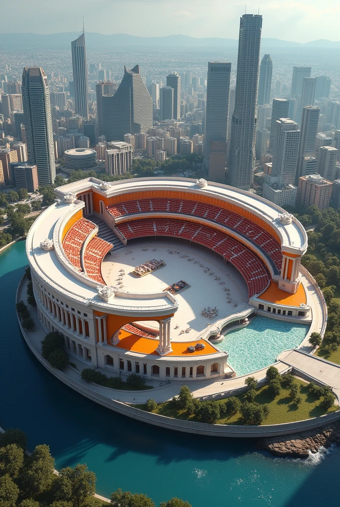 Arena theatre model, 3d, drone view, with four gaps
