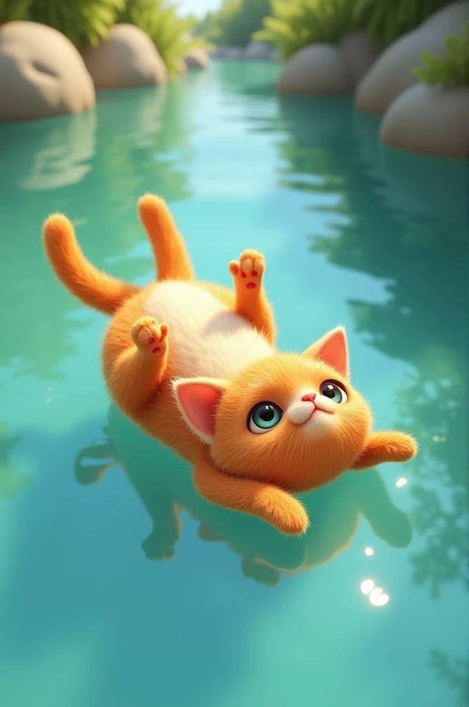 Create an image of an adult furry orange cat swimming on its back for your mobile phone wallpaper