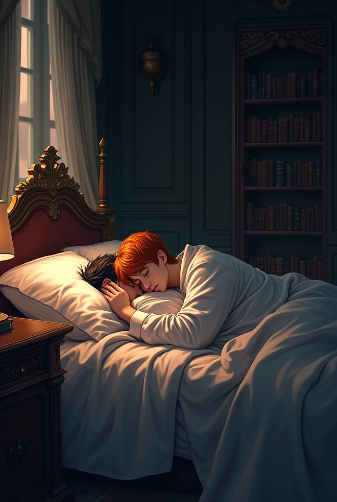 two men sleeping in bed. Yeonjun has bright orange hair and Christopher has inky black hair. The room is old, royal, it is dark and there are many books on the shelves. side and profile view.