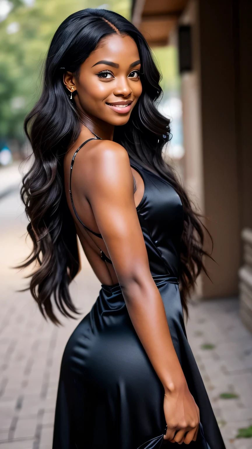 Realistic full body photo of a smiling black woman with long hair, black skin, who dances in front of the camera and wears a satin dress, park glamour fotoshooting, perfect anatomy, perfect eyes. Perfect hands with 5 fingers on each hand. Matching girl, looking at the camera, strong hip:1.2, wide hips:1.3, 1 woman. (Eye make up:1.1), (highly detailed skin:1.1), SPIRIT, analog style, keen focus, 8K  UHD, dslr, good quality, Fujifilm XT3, Grain, Award-winning, ​masterpiece.