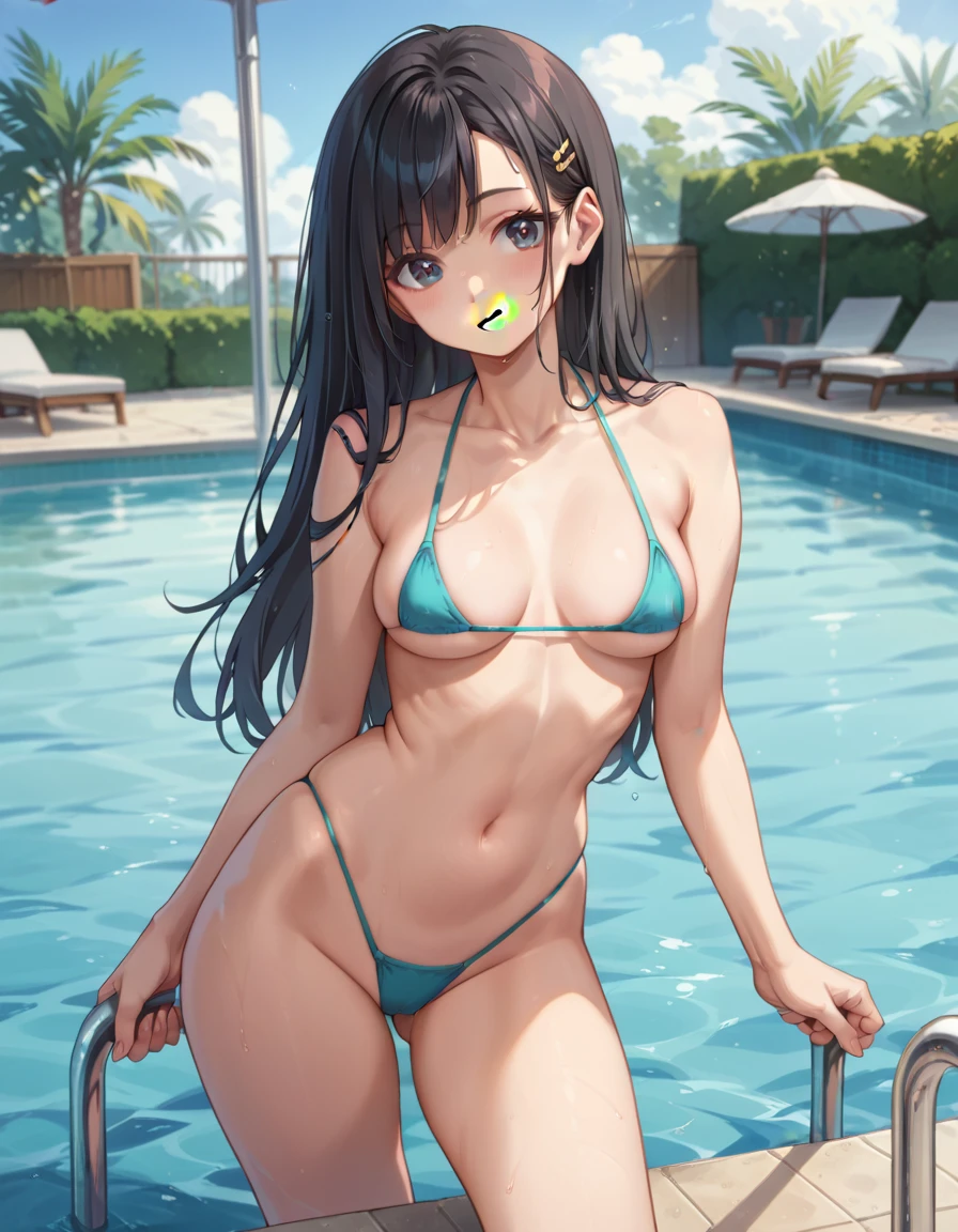 Woman, cute, adorable, smiling, straight hair, long hair, black hair, standing, Swayback stance, looking at the camera, From the front, from thighs to head, pool, daylight,micro bikini