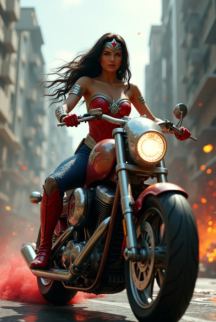 (((A beautiful woman riding a futuristic high-powered motorcycle (((Wonder Woman scale jumpsuit full body suit))),(((Corset rojo Wonder Woman))),(((Black hair gathered in a braided ponytail))),((((Hair six feet long blowing in the wind)))Silver metal diaema with a red star on its forehead Long silver bracelets Long red boots above its knees Blood around it (((cursed cemetery))),(((Bloody and terrifying images of a high-displacement red motorcycle with Wonder Woman logos)))