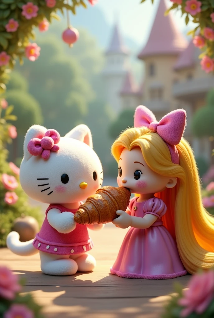 hello kitty, rapunzel eating croissant 

