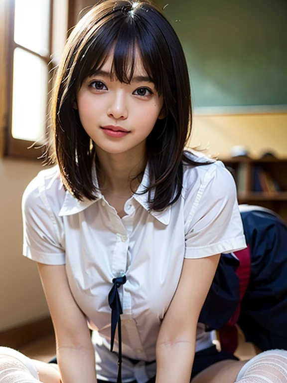 (((Sexy bust accent:1.75)))、(((Sexy Knee High:1.35)))、((((Sexy crotch accent:1.35)))、((((Spread your legs wide、Touching the thigh、There is a lot of pubic hair、large pointy breasts))))、((Boyfriend and girlfriend having sex in missionary position:1.5))、((Sexual pose:1.5))、((Spread legs POV:1.5))、、Browsing Caution、(Humans are biologically correct、reference) 、 lose extra limbsslim limbsextra numbersmutated hands and finger fusionfingersslim bad handslong necklong body anatomybad deformationbad deformation no extra breasts、Not Futanari、(school uniform:1.5), (Realistic:1.4), (Highest quality:1.0), (Ultra-high resolution:1.0), 8k, RAW Photos, (masterpiece:0.2), Very detailed, Short Closure, One person, Beautiful Skin, Detailed skin, View your viewers, whole body, (short hair:1), smile, (Mouth closed:1)