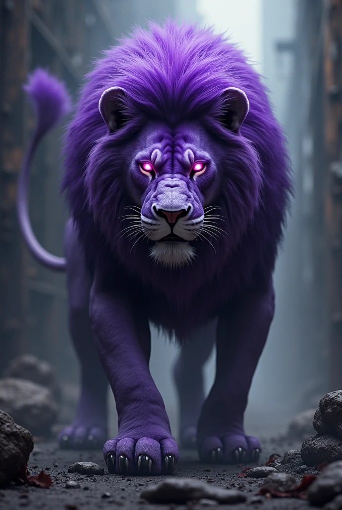 a purple roaring lion with shiny eyes that looks dull in a gamer style