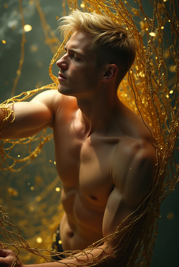 naked/fully naked handsome young man in his early twenties with short undercut blond hair caught in a gold fishing net, struggling