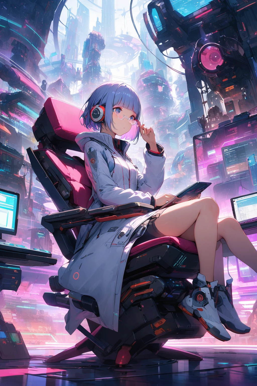 (extremely detailed fine touch:1.3), Vibrant colors, Soft tones, With warm and gentle lighting, girl, solo, (((silver semi-rimless eyewear:1.3))), (headphone:1.0), short hair, blunt bangs, full body, sitting Futuristic floating chair, Laptop resting on thigh, monitor arm, Faithfully recreates the gesture of putting on glasses, Futuristic, Futuristic White coat, Science Fiction, Science Fiction Laboratory, Various research machines, Futuristic Under Research