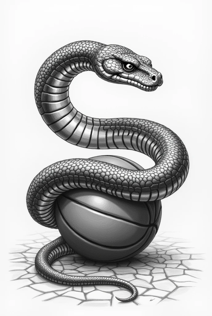 Generate an image, drawing type, of a snake coiled around a basketball
