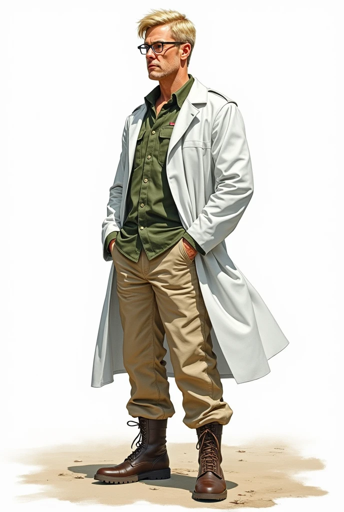 a drawing, bright coloured, A single man, 3, Cao Cao, Seriously, dark blonde american hair, Eyeglasses, army doctor clothes, big white coat, green camouflage shirt, Beige pants, shoes, apocalypse style, white background, fully body