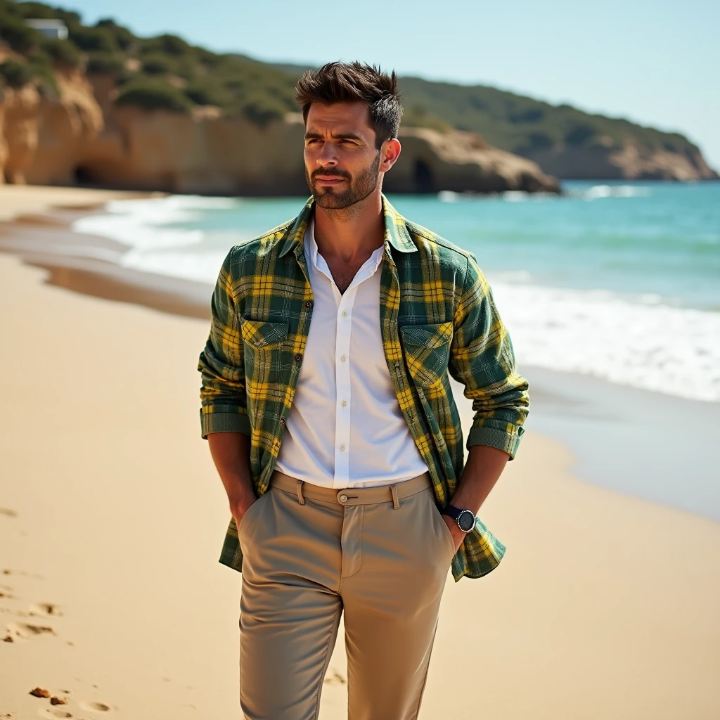 A white man, aged 36, model type, with short dark hair, with clear eyes, wearing a white shirt underneath a green and yellow plaid shirt, ptetas pants, tennis, on a beach in Alentejo