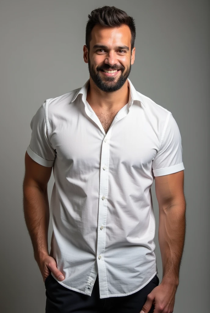 Man dressed in a white button-down shirt  muscles start to grow big