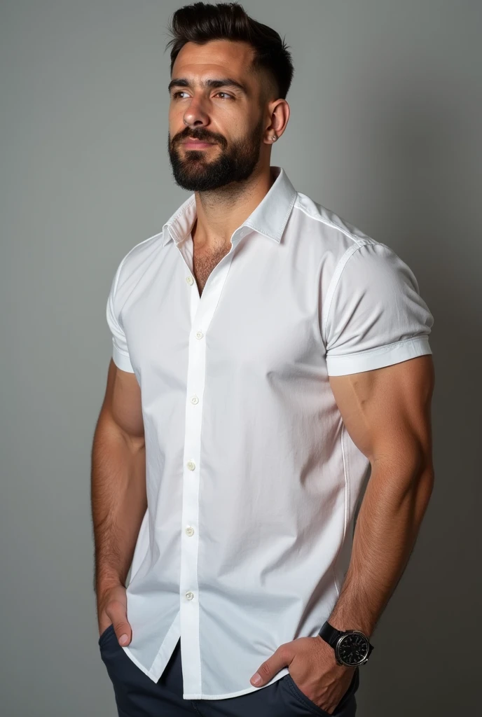 Man dressed in a white button-down shirt muscles start to grow big