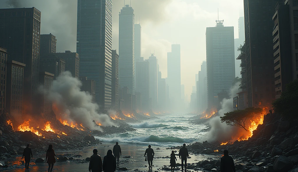 Draw a city then focus zoom in on the skyscrapers starting to collapse., add tsunami, and earthquake. Several buildings burned down. Realistic, HD